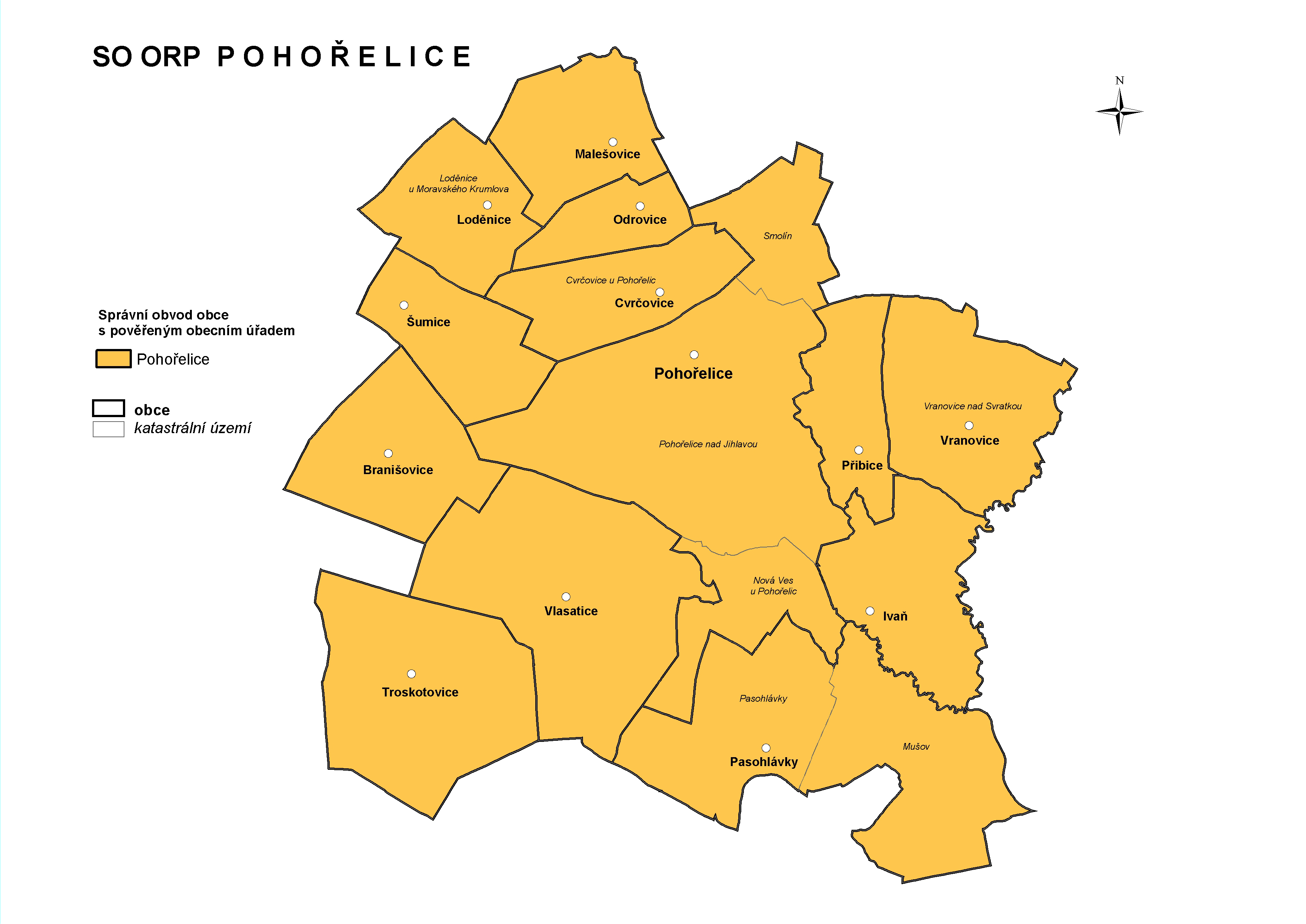 Administrativní mapa správního obvodu Pohořelice k 1. 1. 2015 (zdroj ČSÚ)